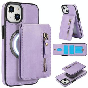 For iPhone 13 mini Zipper Wallet Split MagSafe Leather Back Phone Case(Purple)