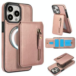 For iPhone 12 Pro Max Zipper Wallet Split MagSafe Leather Back Phone Case(Rose Gold)