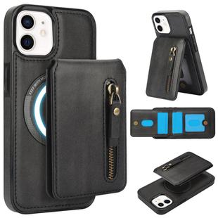 For iPhone 12 mini Zipper Wallet Split MagSafe Leather Back Phone Case(Black)