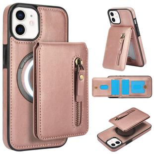 For iPhone 11 Zipper Wallet Split MagSafe Leather Back Phone Case(Rose Gold)
