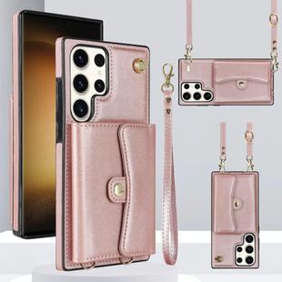 For Samsung Galaxy S25 Ultra 5G RFID Card Slot Phone Case with Long Lanyard(Rose Gold)