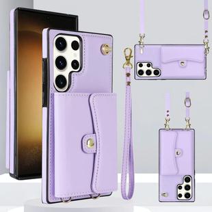 For Samsung Galaxy S25 Ultra 5G RFID Card Slot Phone Case with Long Lanyard(Purple)