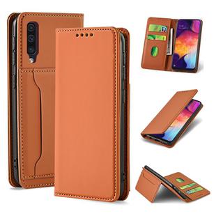 For Samsung Galaxy A50 Strong Magnetism Liquid Feel Horizontal Flip Leather Case with Holder & Card Slots & Wallet(Brown)