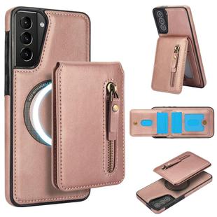 For Samsung Galaxy S21 5G Zipper Wallet Split MagSafe Leather Back Phone Case(Rose Gold)