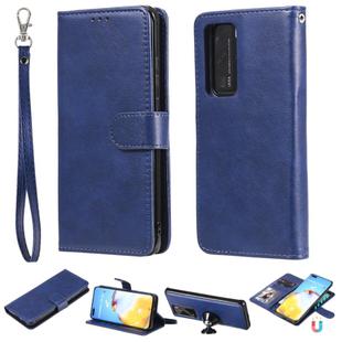 For Huawei P40 Lite 2 in 1 Solid Color Detachable PU Leather Case with Card Slots & Magnetic Holder & Photo Frame & Wallet & Strap(Blue)