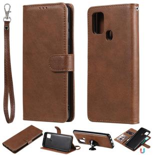 For Samsung Galaxy A21s 2 in 1 Solid Color Detachable PU Leather Case with Card Slots & Magnetic Holder & Photo Frame & Wallet & Strap(Brown)