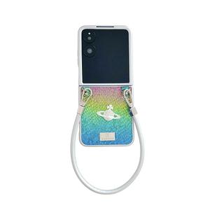 For Honor Magic V Flip Kirin Pattern Full Coverage Phone Case with Wrist Strap(Rainbow)