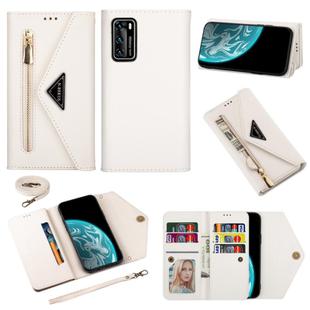 For Huawei P40 Skin Feel Zipper Horizontal Flip Leather Case with Holder & Card Slots & Photo Frame & Lanyard & Long Rope(White)