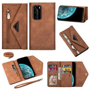 For Huawei P40 Pro Skin Feel Zipper Horizontal Flip Leather Case with Holder & Card Slots & Photo Frame & Lanyard & Long Rope(Brown)