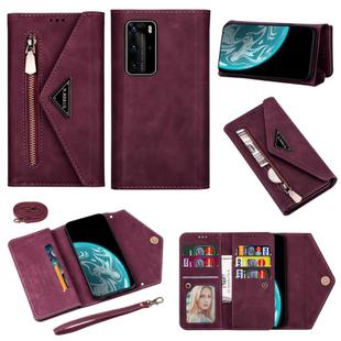 For Huawei P40 Pro Skin Feel Zipper Horizontal Flip Leather Case with Holder & Card Slots & Photo Frame & Lanyard & Long Rope(Wine Red)