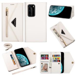 For Huawei P40 Pro Skin Feel Zipper Horizontal Flip Leather Case with Holder & Card Slots & Photo Frame & Lanyard & Long Rope(White)