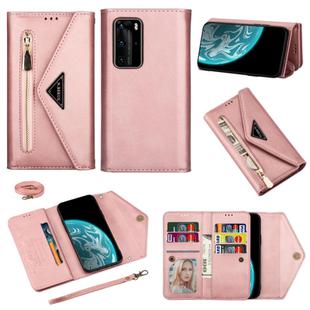 For Huawei P40 Pro Skin Feel Zipper Horizontal Flip Leather Case with Holder & Card Slots & Photo Frame & Lanyard & Long Rope(Rose Gold)