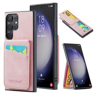 For Samsung Galaxy S25 Ultra 5G Fierre Shann FS-023 Crazy Horse Card Holder Back Cover PU Phone Case(Pink)