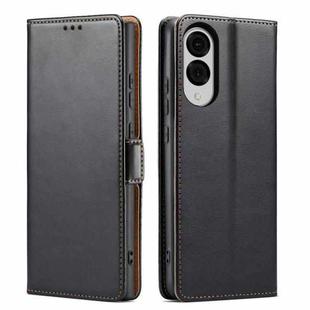 For Samsung Galaxy S25 Edge 5G Fierre Shann PU Genuine Leather Texture Phone Case(Black)