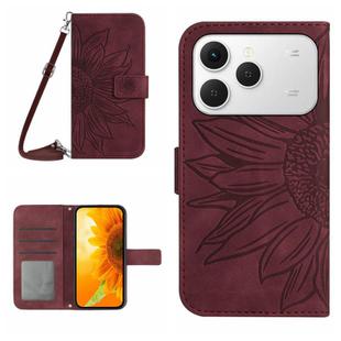 For Tecno Spark 40 4G Skin Feel Sun Flower Embossed Flip Leather Phone Case with Lanyard(Wine Red)