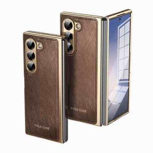 For Samsung Galaxy Z Fold6 Integrated Gold Wire Silver Brocade Plating Phone Case(Brown)