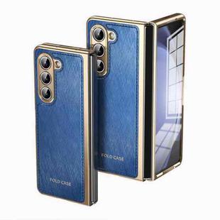 For Samsung Galaxy Z Fold5 Integrated Gold Wire Silver Brocade Plating Phone Case(Blue)