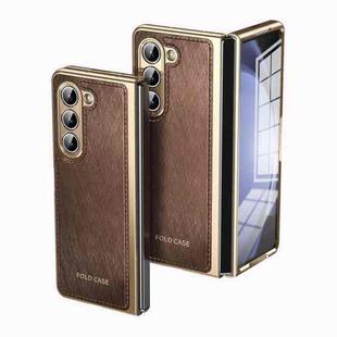 For Samsung Galaxy Z Fold5 Integrated Gold Wire Silver Brocade Plating Phone Case(Brown)