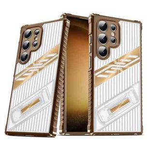 For Samsung Galaxy S23 Ultra 5G Plating Holder PC Hybrid TPU Phone Case(Desert Gold)