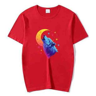 Moon Wolf Printed Round Neck Modal Short Sleeve T-shirt Print On Your Demand, Size:M(Red)