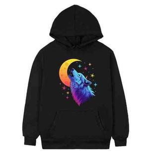 Moon Wolf Printed Fleece Hooded Sweatshirt Print On Your Demand, Size:M(Black)