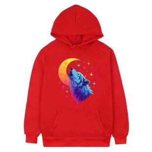 Moon Wolf Printed Fleece Hooded Sweatshirt Print On Your Demand, Size:L(Red)