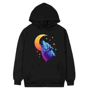 Moon Wolf Printed Fleece Hooded Sweatshirt Print On Your Demand, Size:XXL(Black)