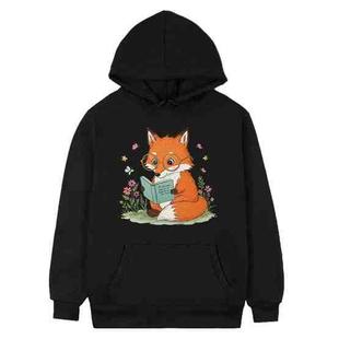 Reading Fox Printed Fleece Hooded Sweatshirt Print On Your Demand, Size:M(Black)
