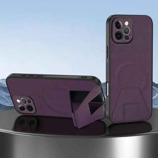 For iPhone 12 Pro Max Sheepskin Texture MagSafe Magnetic Invisible Holder Integrated Phone Case(Purple)