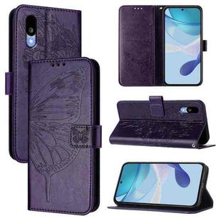 For Sharp Basio Active3 Embossed Butterfly Leather Phone Case(Dark Purple)