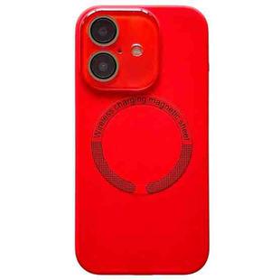 For iPhone 16 Plus Small Window Acrylic Glass Lens MagSafe Silicone Phone Case(Red)