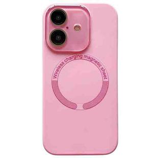 For iPhone 16 Small Window Acrylic Glass Lens MagSafe Silicone Phone Case(Rose Pink)