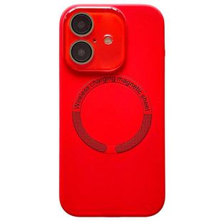 For iPhone 16 Small Window Acrylic Glass Lens MagSafe Silicone Phone Case(Red)