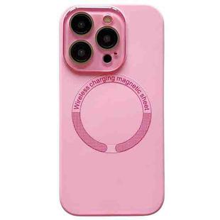 For iPhone 15 Pro Small Window Acrylic Glass Lens MagSafe Silicone Phone Case(Rose Pink)
