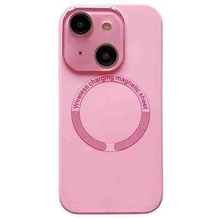 For iPhone 14 Small Window Acrylic Glass Lens MagSafe Silicone Phone Case(Rose Pink)