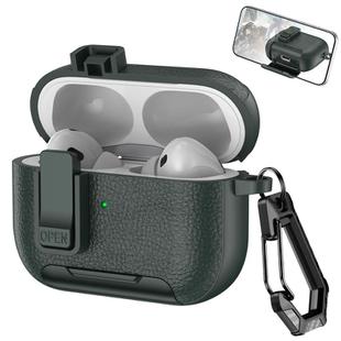 For AirPods Pro 2 Leather Texture Wireless Earphones Case with Hook & Holder(Army Green)