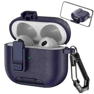 For AirPods 3 Leather Texture Wireless Earphones Case with Hook & Holder(Dark Blue)