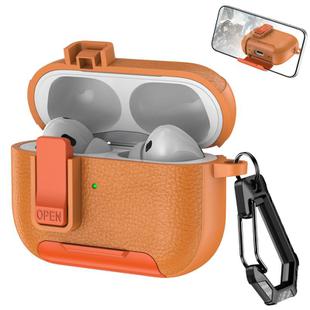 For AirPods Pro Leather Texture Wireless Earphones Case with Hook & Holder(Orange)