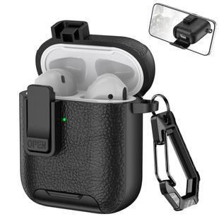 For AirPods 1 / 2 Leather Texture Wireless Earphones Case with Hook & Holder(Black)