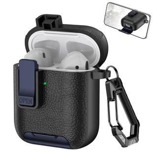 For AirPods 1 / 2 Leather Texture Wireless Earphones Case with Hook & Holder(Black Dark Blue)