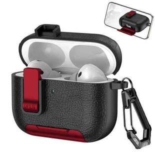For AirPods Pro 3 Leather Texture Wireless Earphones Case with Hook & Holder(Black Red)
