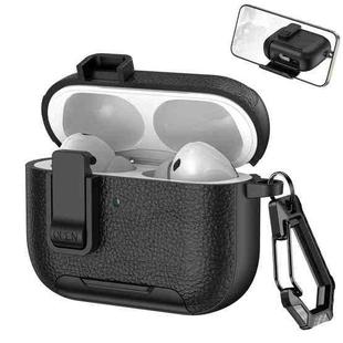 For AirPods Pro 3 Leather Texture Wireless Earphones Case with Hook & Holder(Black)