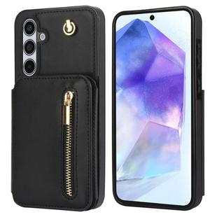 For Samsung Galaxy A55 5G YM006 Skin Feel Zipper Card Bag Phone Case with Dual Lanyard(Black)