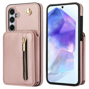 For Samsung Galaxy A55 5G YM006 Skin Feel Zipper Card Bag Phone Case with Dual Lanyard(Rose Gold)