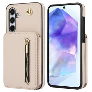 For Samsung Galaxy A55 5G YM006 Skin Feel Zipper Card Bag Phone Case with Dual Lanyard(Apricot)
