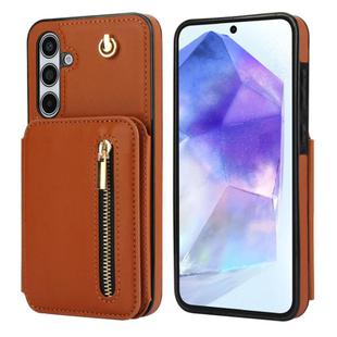 For Samsung Galaxy A55 5G YM006 Skin Feel Zipper Card Bag Phone Case with Dual Lanyard(Brown)