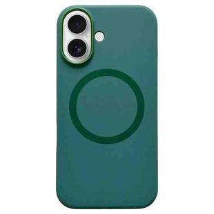 For iPhone 16 Metal Frame Liquid Silicone MagSafe Phone Case(Deep Green)