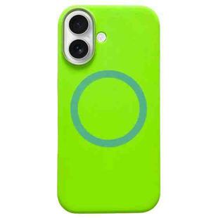 For iPhone 16 Metal Frame Liquid Silicone MagSafe Phone Case(Fluorescent Green)