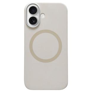For iPhone 16 Metal Frame Liquid Silicone MagSafe Phone Case(Milk Tea White)