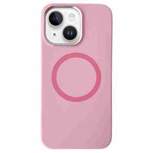 For iPhone 15 Metal Frame Liquid Silicone MagSafe Phone Case(Peach Pink)